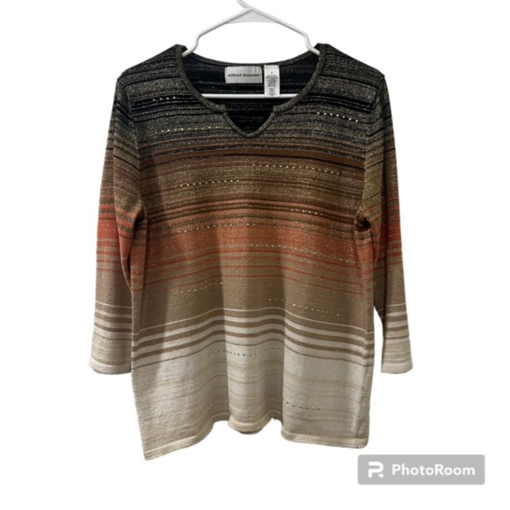 Alfred Dunner Womens Orange Cream Striped Quarter Sleeves Top Size Small